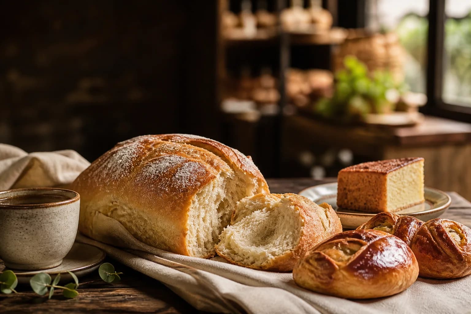Pães, folhados e bolo frescos sobre o balcão da padaria